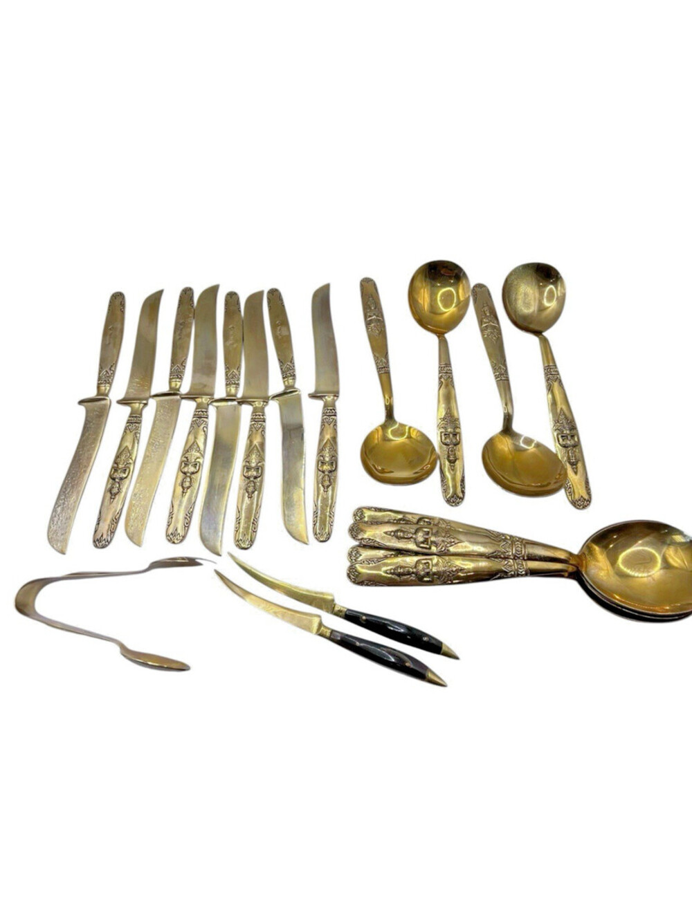 Thailand Brass Flatware Vintage Buddha Deity 19 pcs-spoons knives Tongs 3131.12